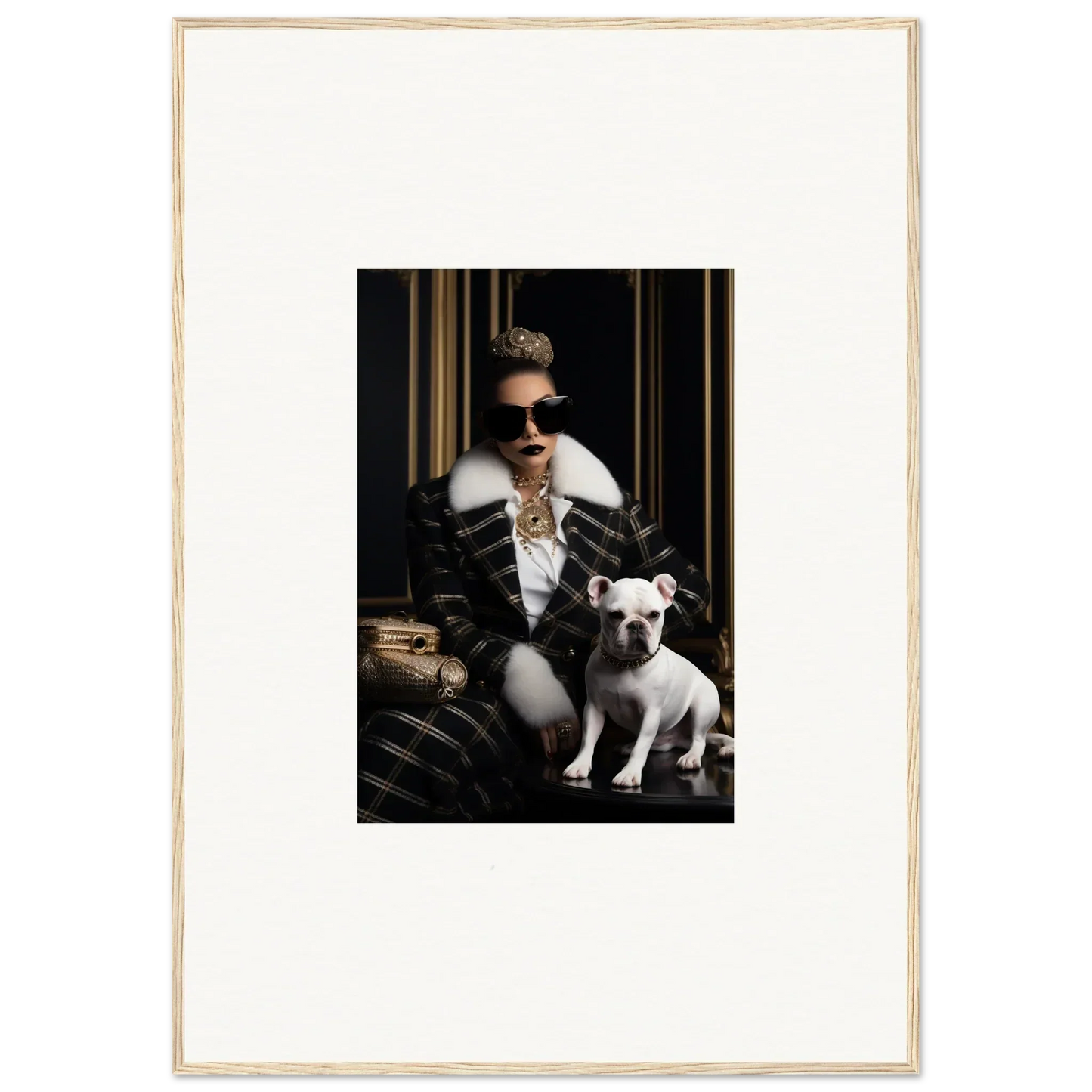 Framed black and white photo of a person in a leather jacket with a French Bulldog for Regal Splendor Forces