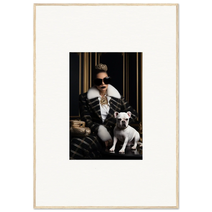 Framed black and white photo of a person in a leather jacket with a French Bulldog for Regal Splendor Forces