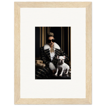 Framed black and white photo of a cool person with sunglasses and a French Bulldog in Regal Splendor Forces