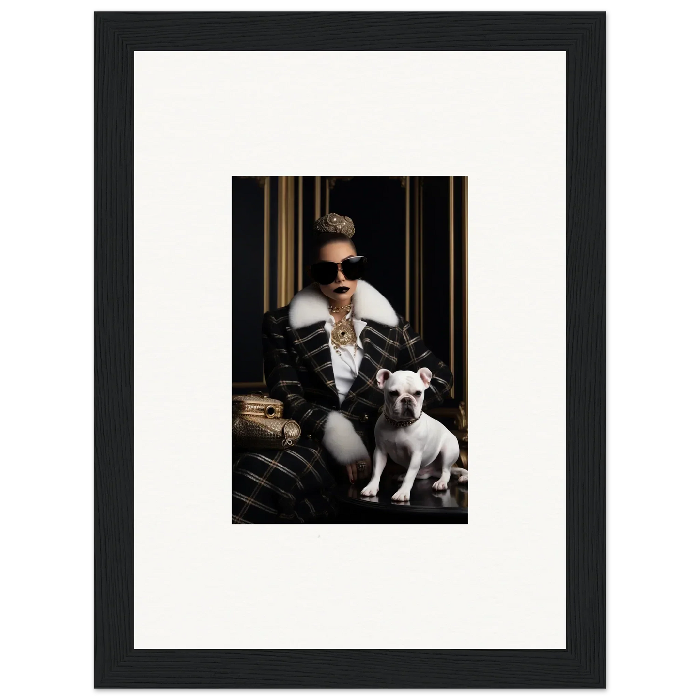 Elegant black and white photo of a person in stylish attire with a French Bulldog for Regal Splendor Forces