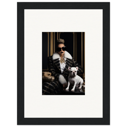 Elegant black and white photo of a person in stylish attire with a French Bulldog for Regal Splendor Forces