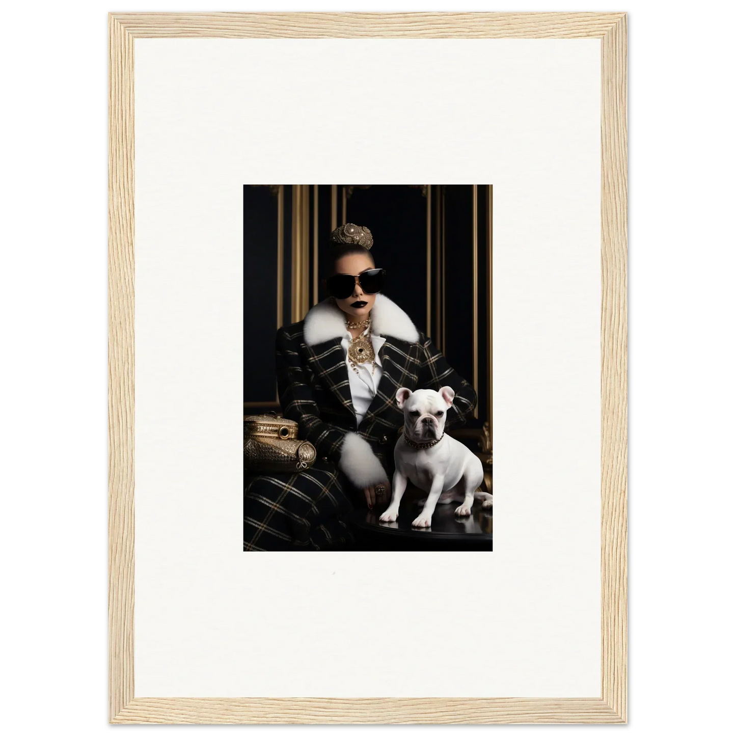 Framed black and white photo of luxurious winter style with French Bulldog, Regal Splendor Forces