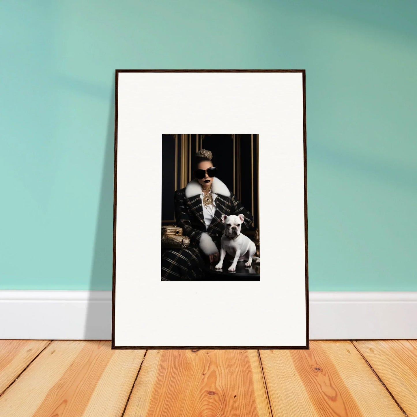 Framed black and white photo of a person with a white dog from Regal Splendor Forces