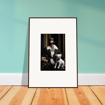 Framed black and white photo of a person with a white dog from Regal Splendor Forces