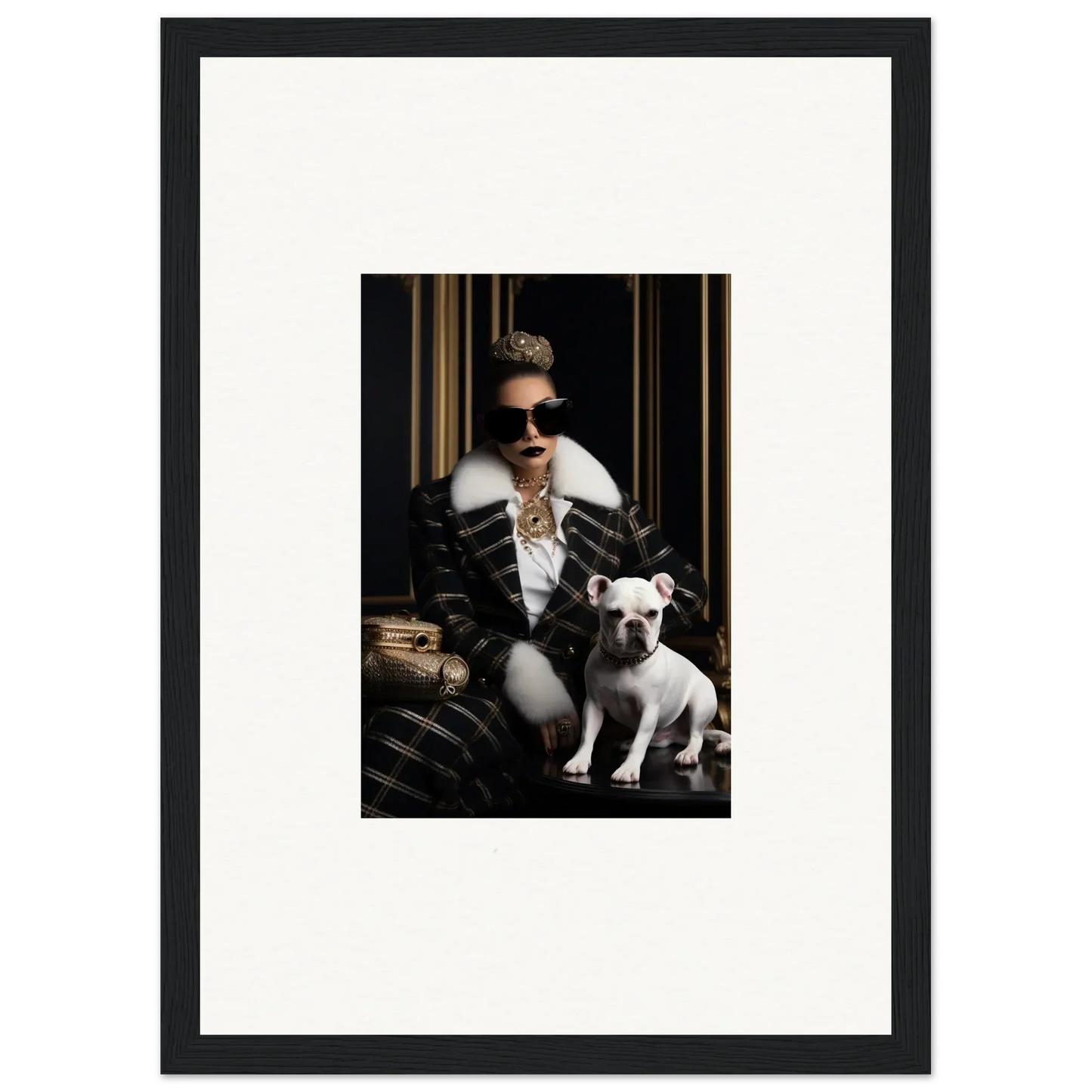 Framed black and white photo of cool sunglasses and fur collar with French Bulldog, Regal Splendor Forces