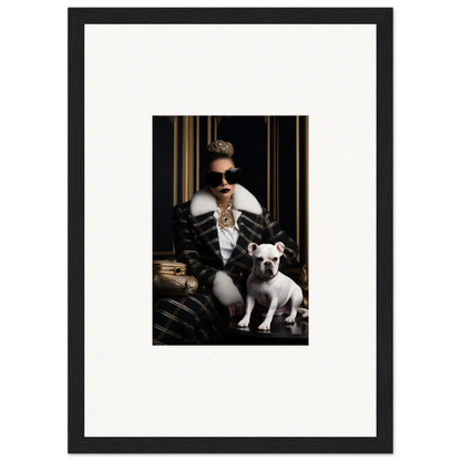 Framed black and white photo of cool sunglasses and fur collar with French Bulldog, Regal Splendor Forces