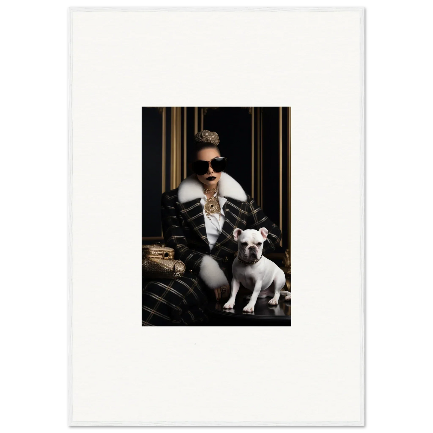 Person in a leather jacket with a French Bulldog in Regal Splendor Forces art piece