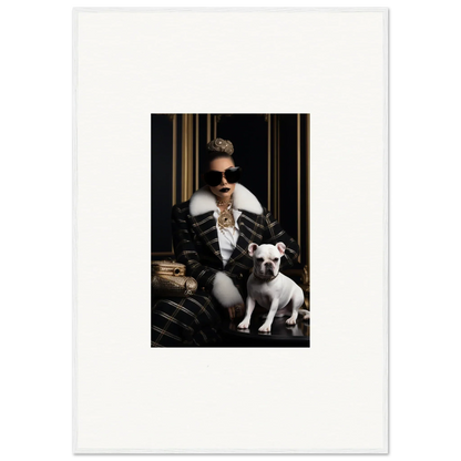 Person in a leather jacket with a French Bulldog in Regal Splendor Forces art piece