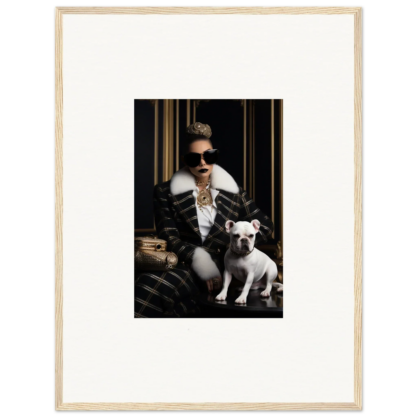 Framed black and white photo of winter luxury with French Bulldog in Regal Splendor Forces