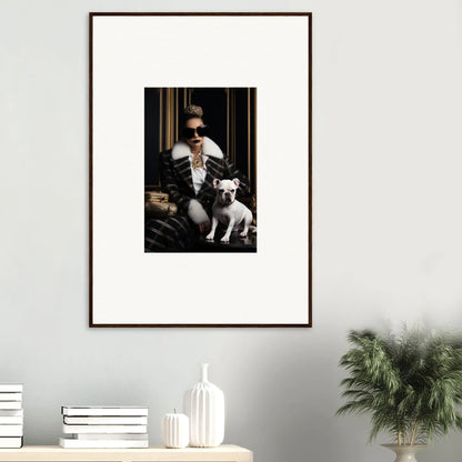 Stylish black and white art of a person in sunglasses with a white dog from Regal Splendor Forces