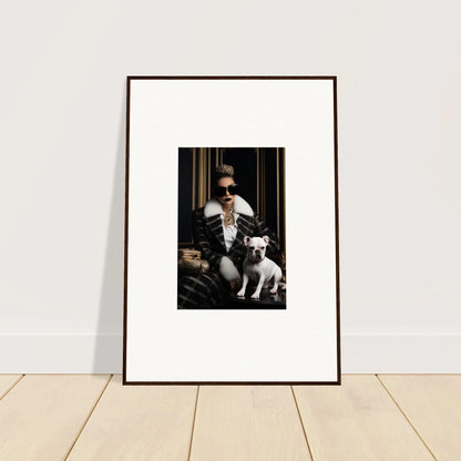 Framed black and white photo of a person and a white dog from Regal Splendor Forces