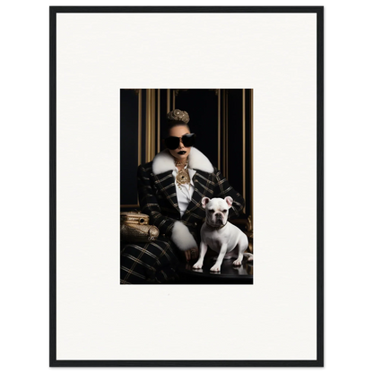 Black and white photo of a chic person in winter wear with a French Bulldog, Regal Splendor Forces