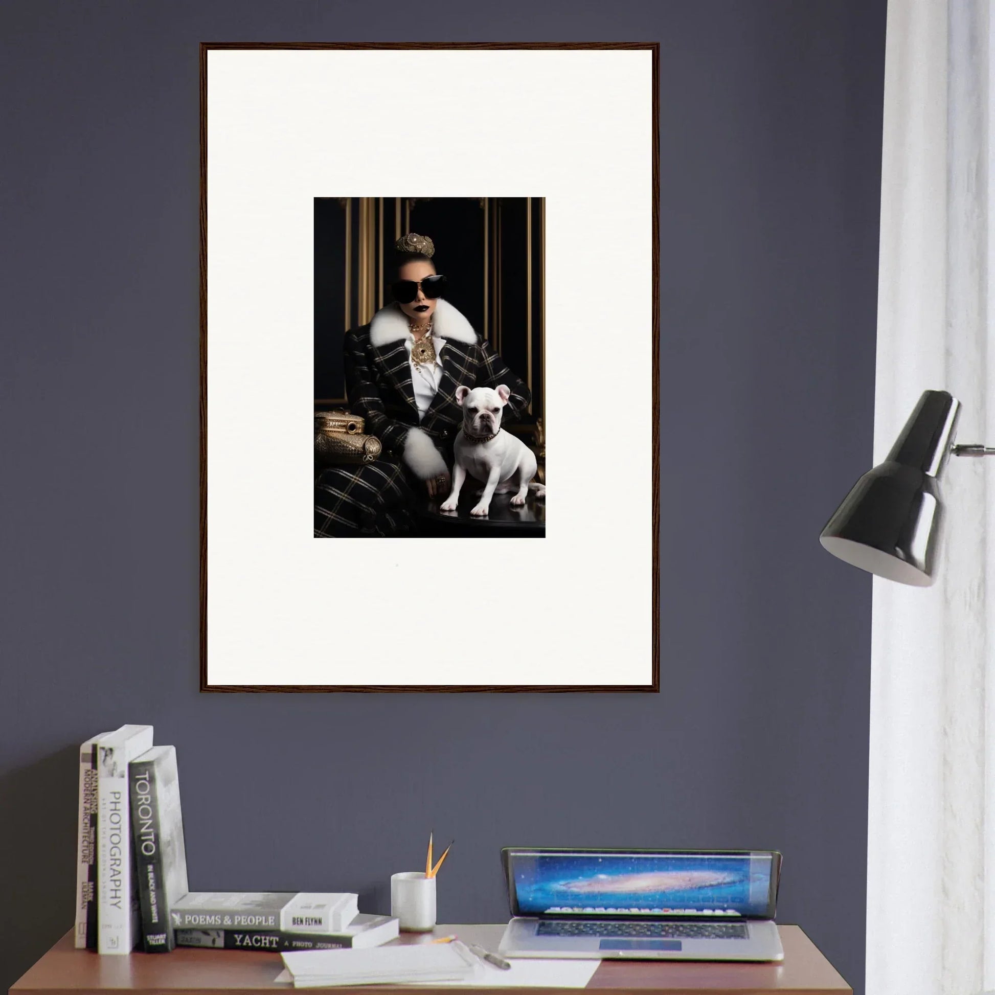 Framed black and white photo of stylish sunglasses and a white dog from Regal Splendor Forces