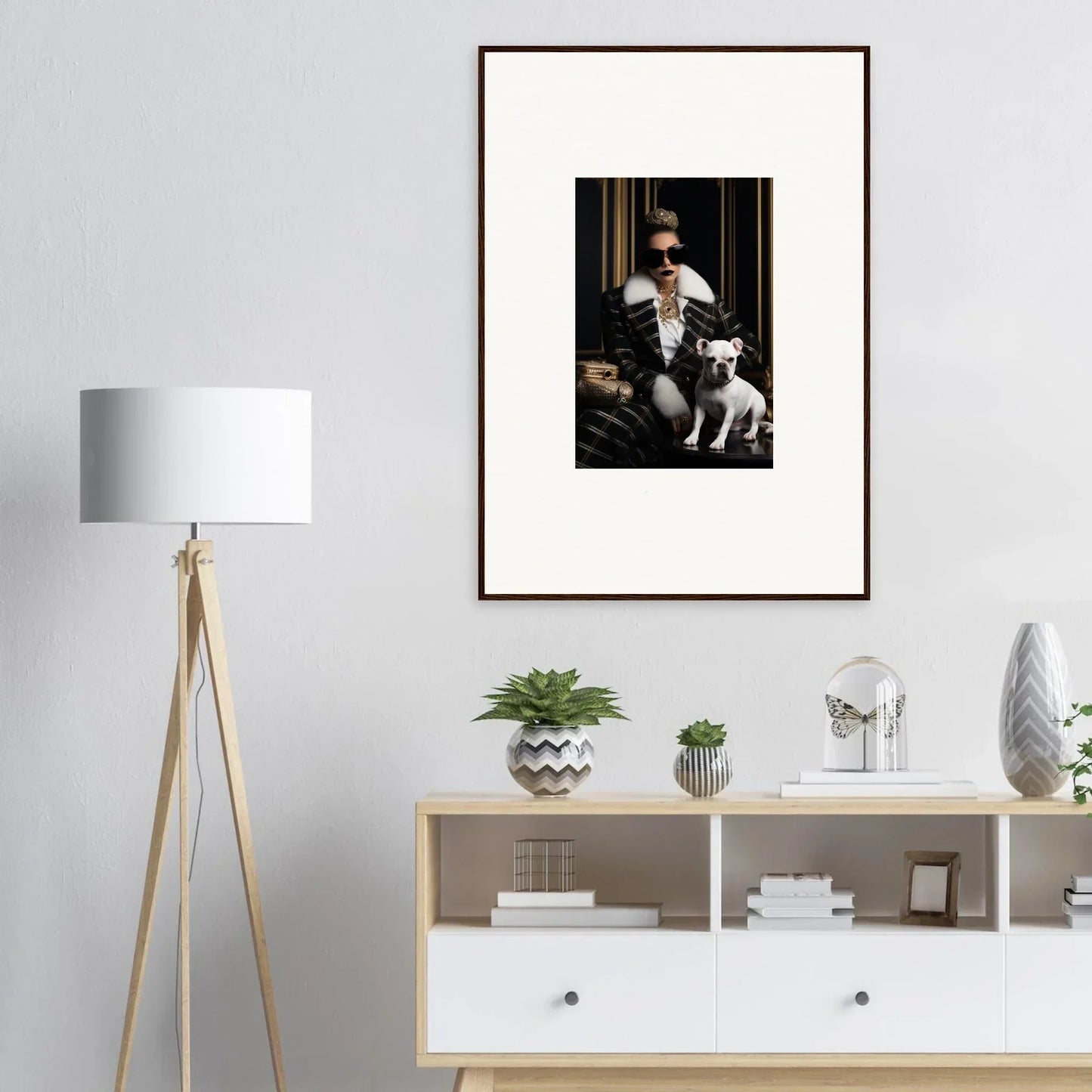 Framed black and white photo on a light gray wall for Regal Splendor Forces art