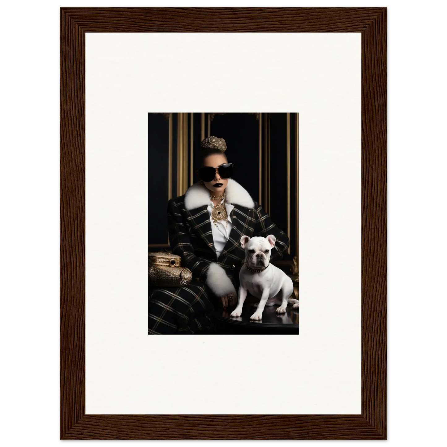 Framed photo of a person in dark clothes with a French Bulldog from Regal Splendor Forces