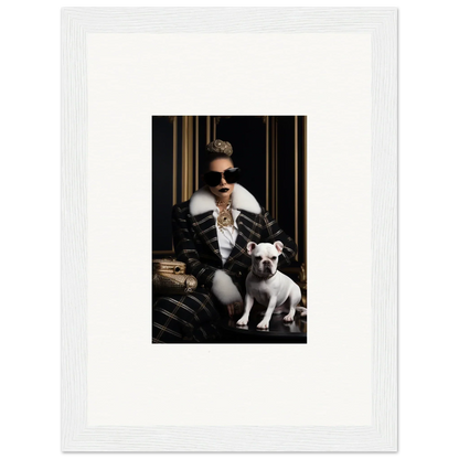 Framed black and white photo of dark leather outfit and French Bulldog from Regal Splendor Forces