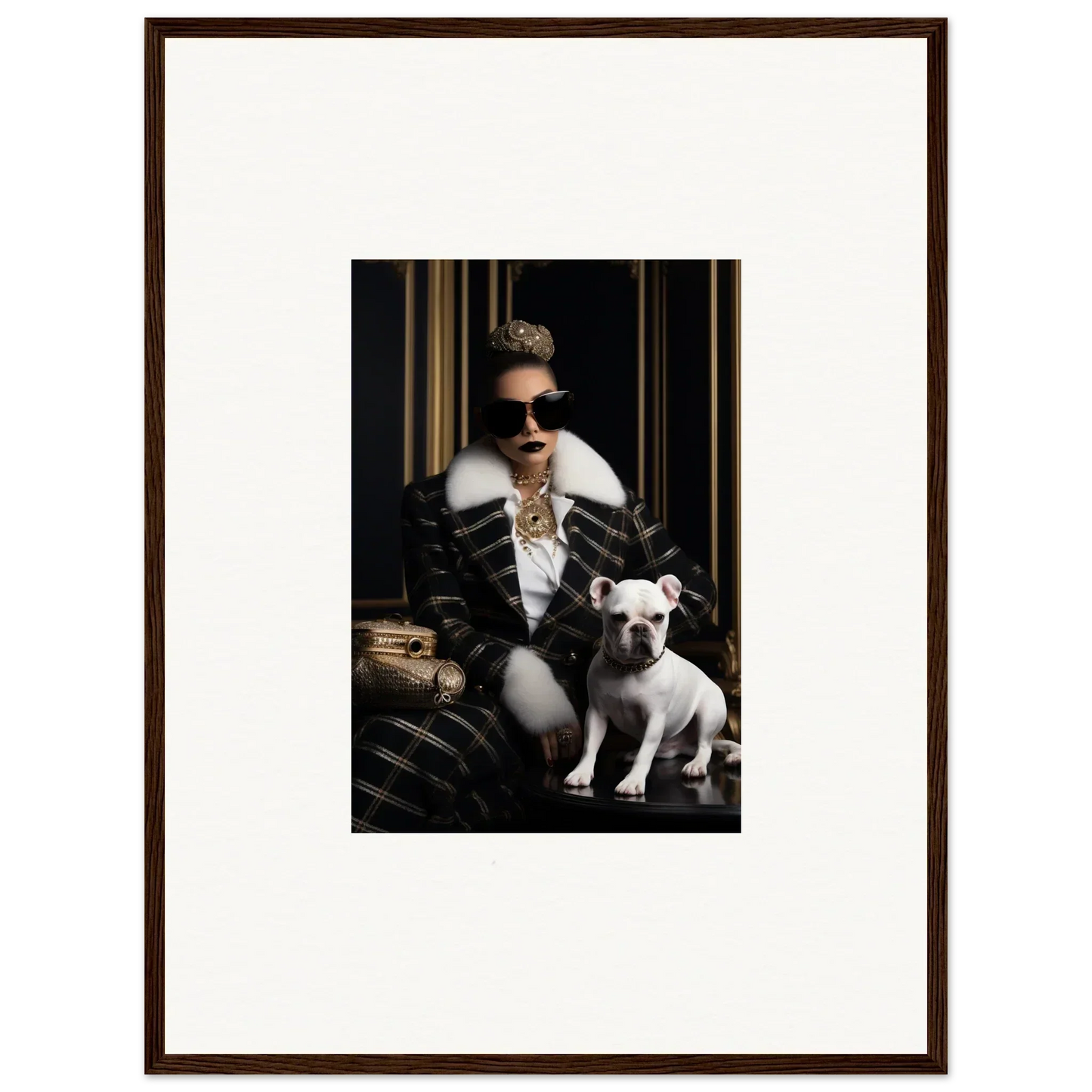 Framed black and white photo of luxurious fur fashion with a French Bulldog from Regal Splendor Forces