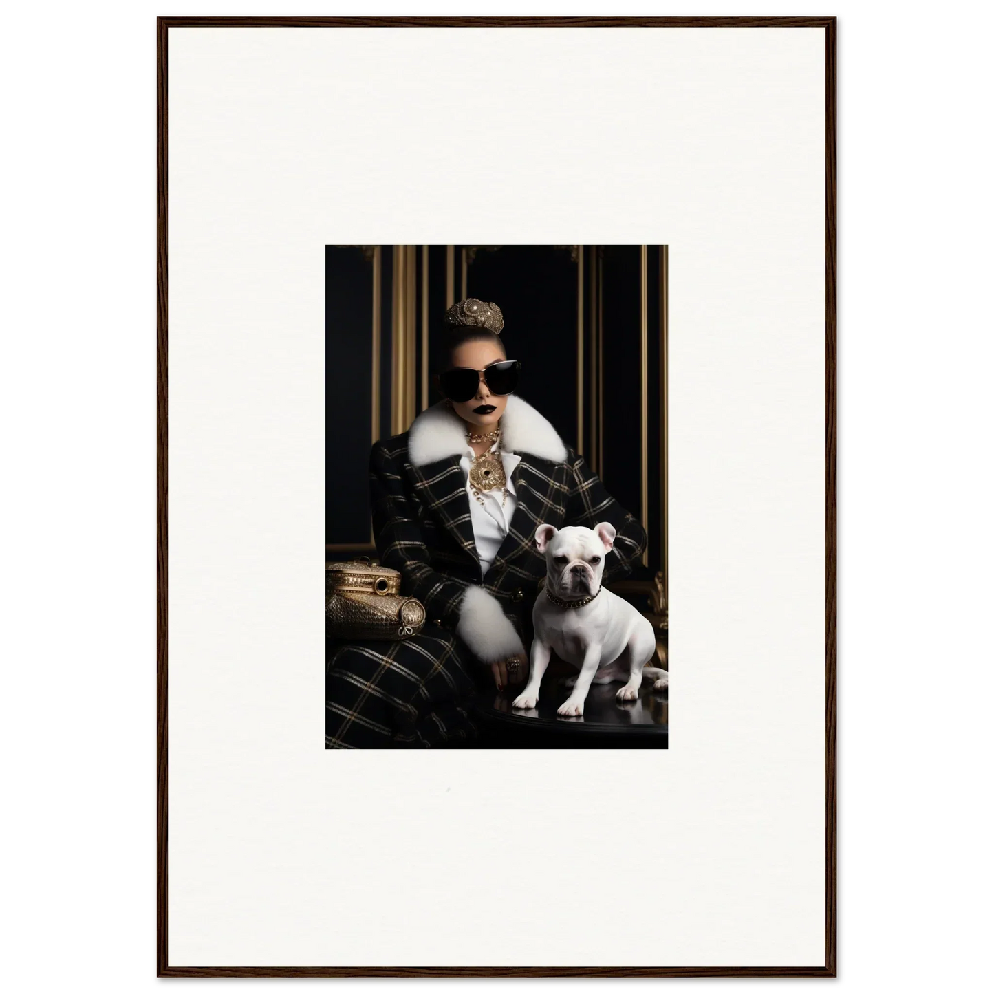 Framed black and white photo of a cool person in a leather jacket with a French Bulldog in Regal Splendor Forces