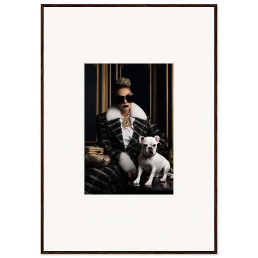 Framed black and white photo of a cool person in a leather jacket with a French Bulldog in Regal Splendor Forces