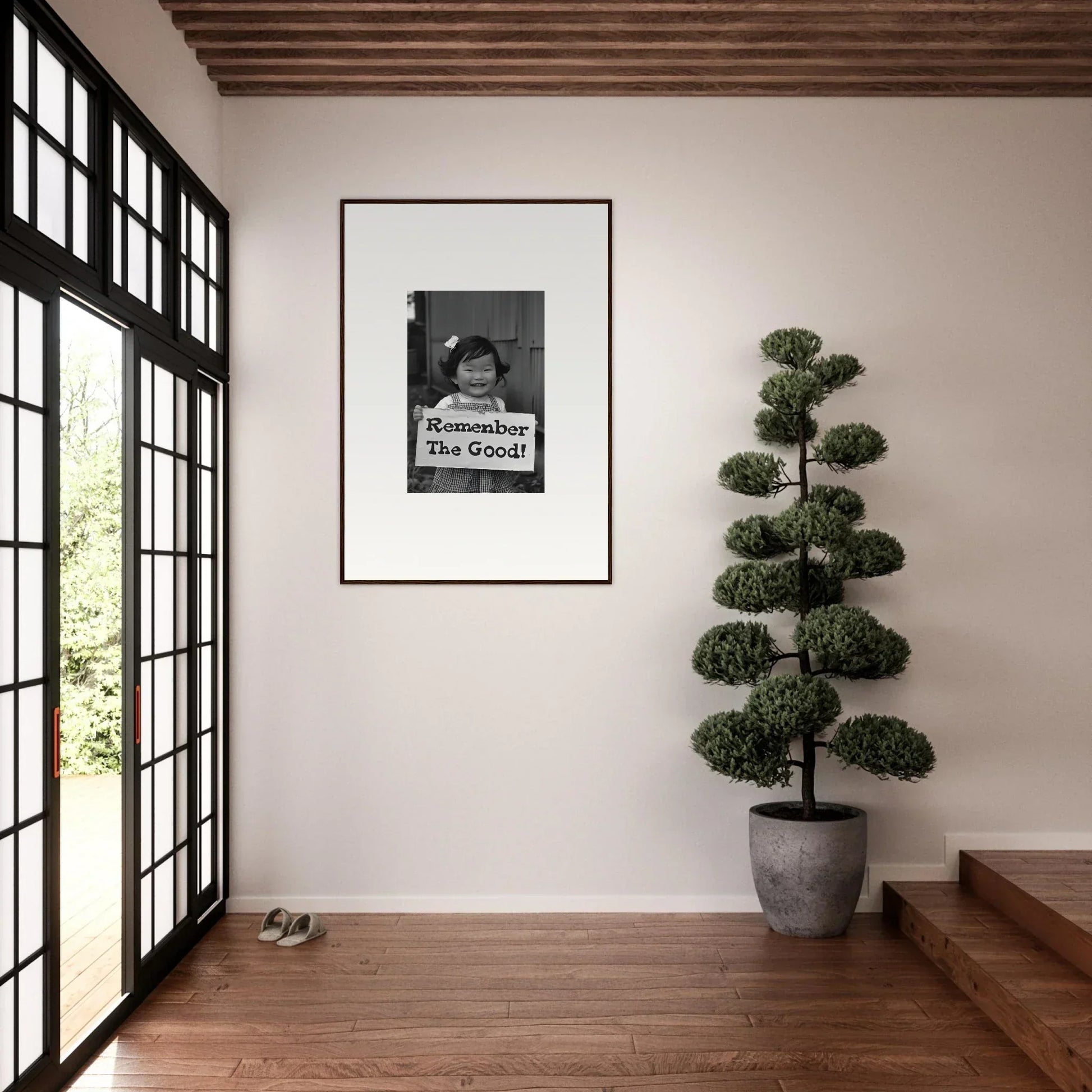 Framed black and white photo on a white wall from Remember Joy Essence special edition art