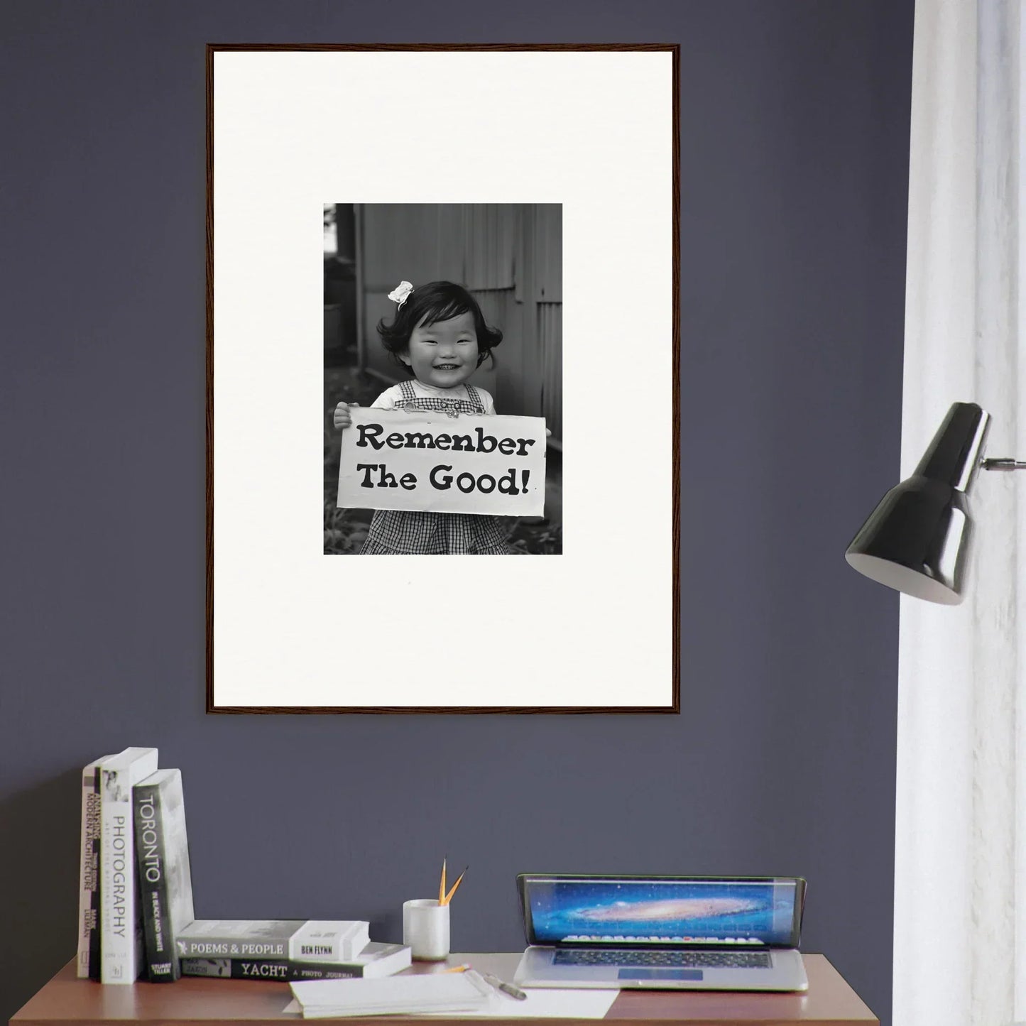 Framed black and white photo of Remember The Good sign in Remember Joy Essence special edition art™