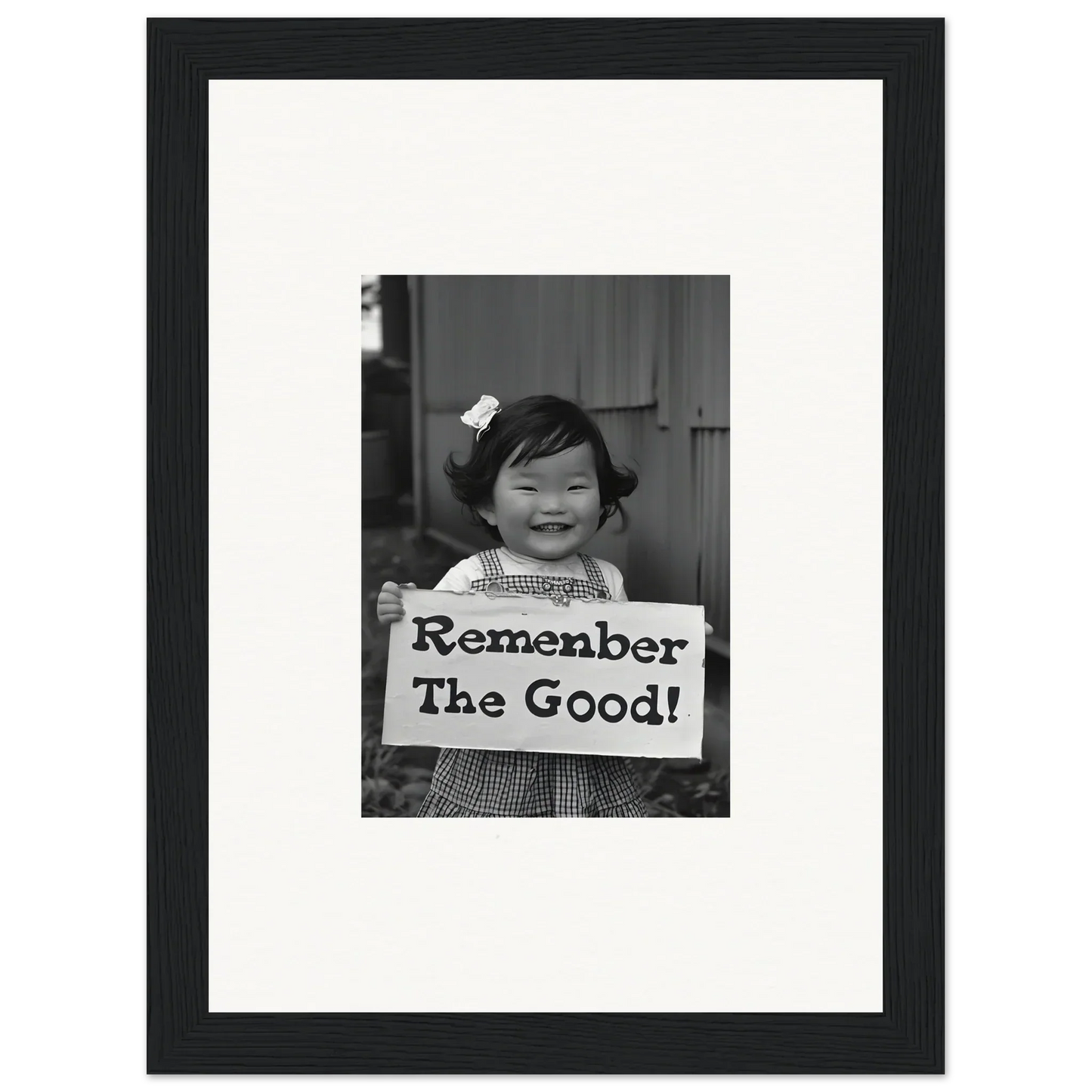 Child holding a sign that reads Remember The Good in Remember Joy Essence art