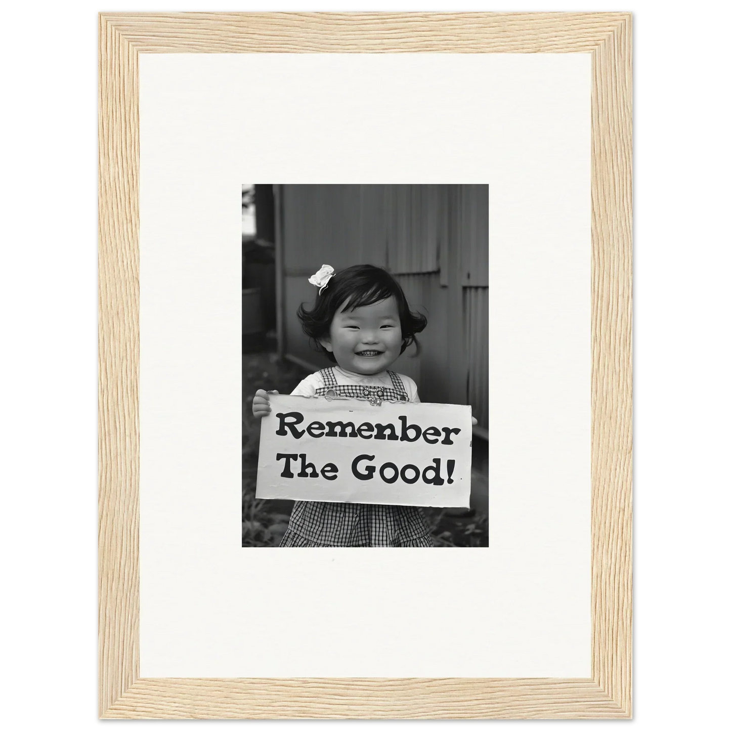 Black and white photo in wood frame with Remember The Good sign for Remember Joy Essence