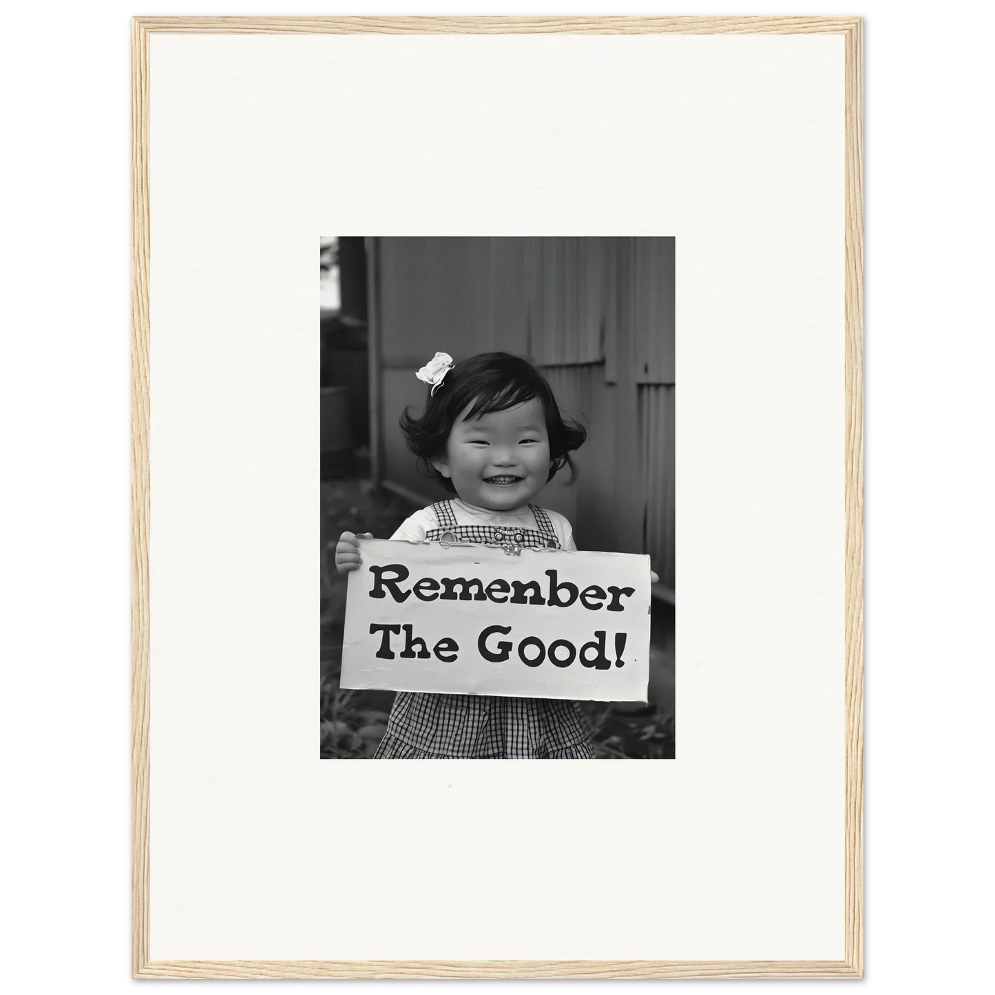 Child holding a sign saying Remember The Good in Remember Joy Essence premium framed wall