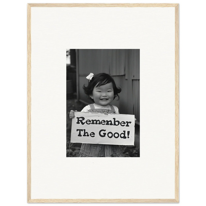 Child holding a sign saying Remember The Good in Remember Joy Essence premium framed wall