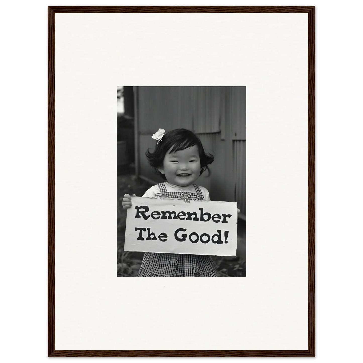 Black and white photo of a child with Remember The Good sign, featured in Remember Joy Essence