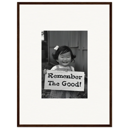 Black and white photo of a child with Remember The Good sign, featured in Remember Joy Essence