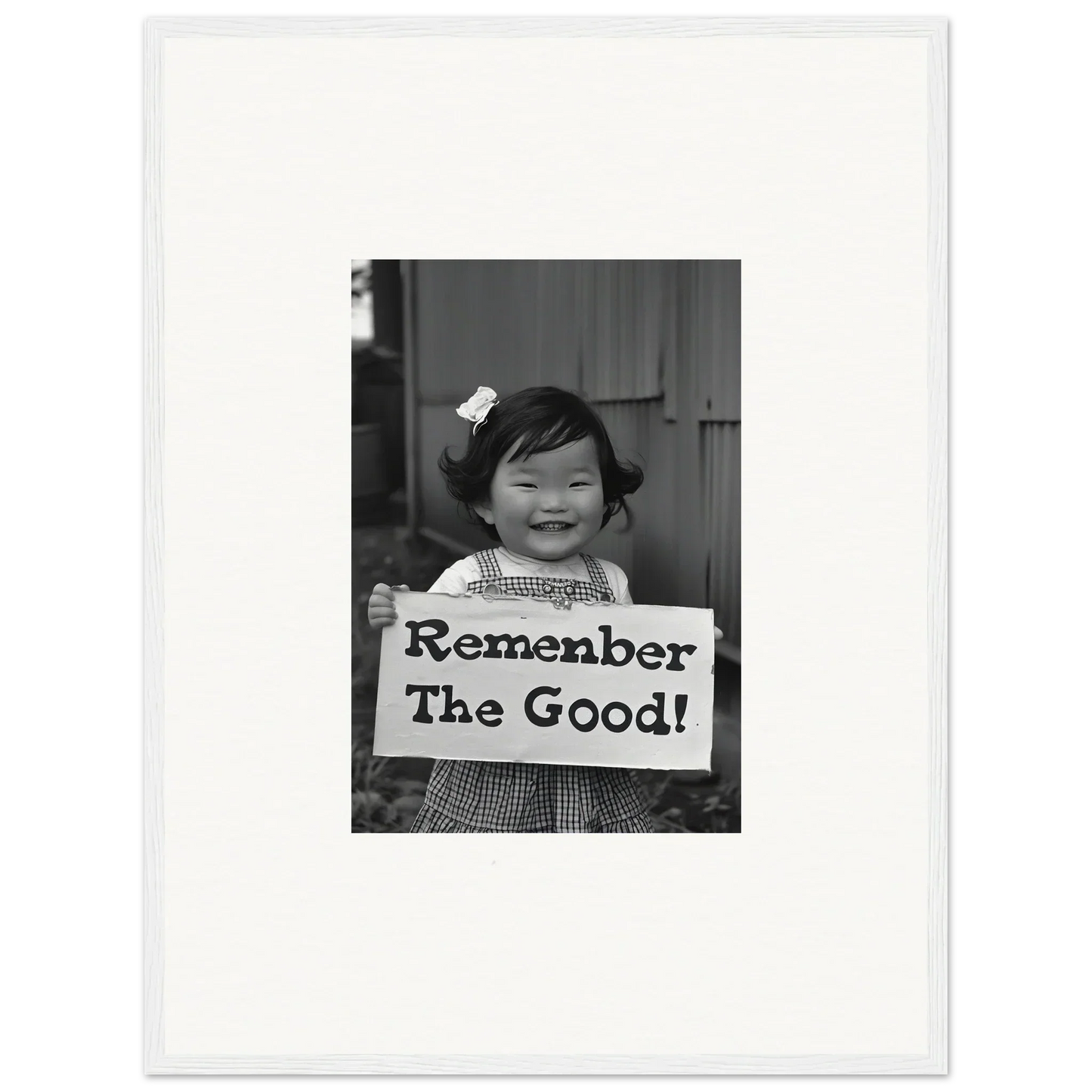 Child with sign saying Remember The Good for Remember Joy Essence premium framed wall art