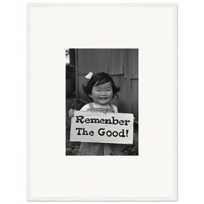 Child with sign saying Remember The Good for Remember Joy Essence premium framed wall art