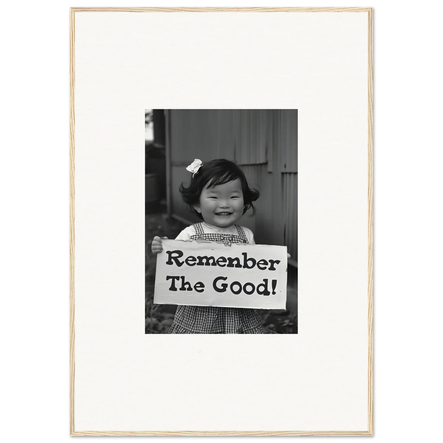 Black and white photo of a child with a Remember The Good sign for Remember Joy Essence