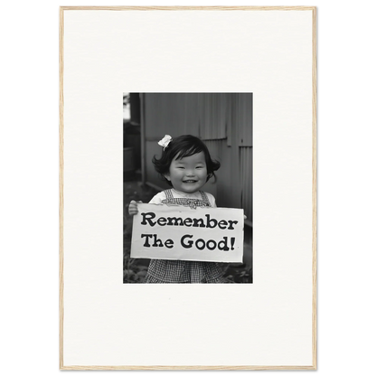 Black and white photo of a child with a Remember The Good sign for Remember Joy Essence