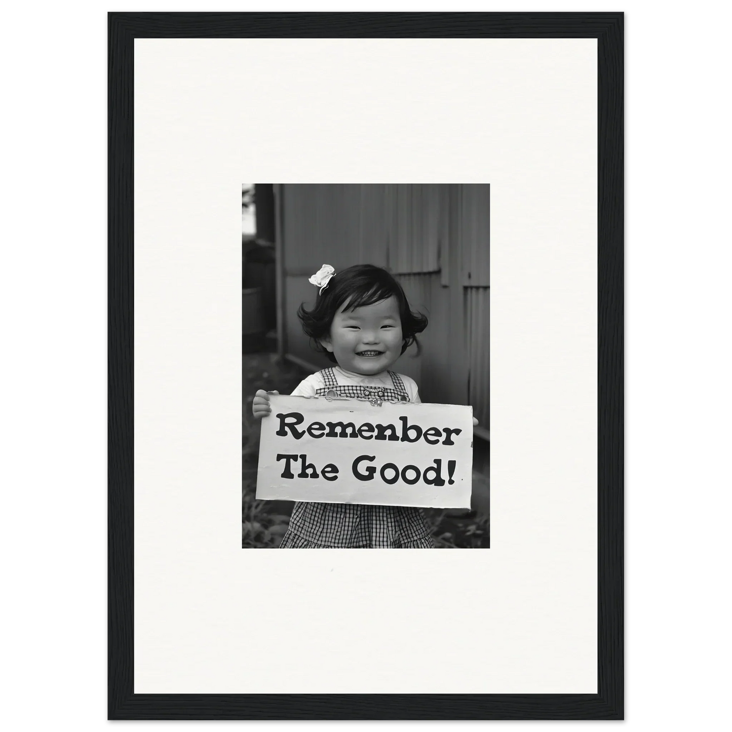 Child holding Remember The Good sign in premium framed wall art Remember Joy Essence