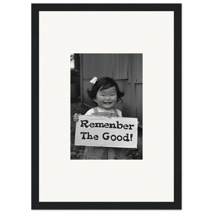 Child holding Remember The Good sign in premium framed wall art Remember Joy Essence