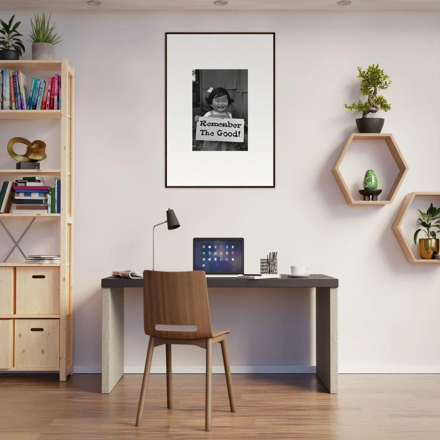 Simple home office setup with dark desk and wooden chair featuring Remember Joy Essence