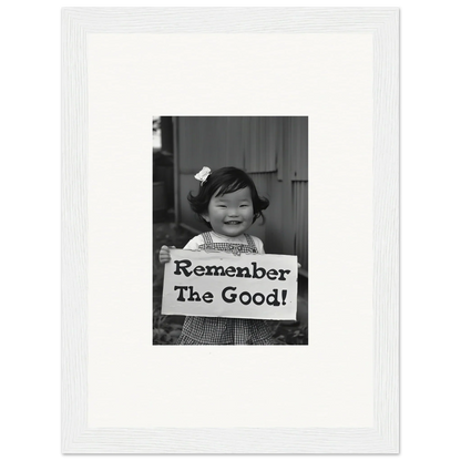 Black and white photo of a sign saying Remember The Good for Remember Joy Essence’s special edition art™