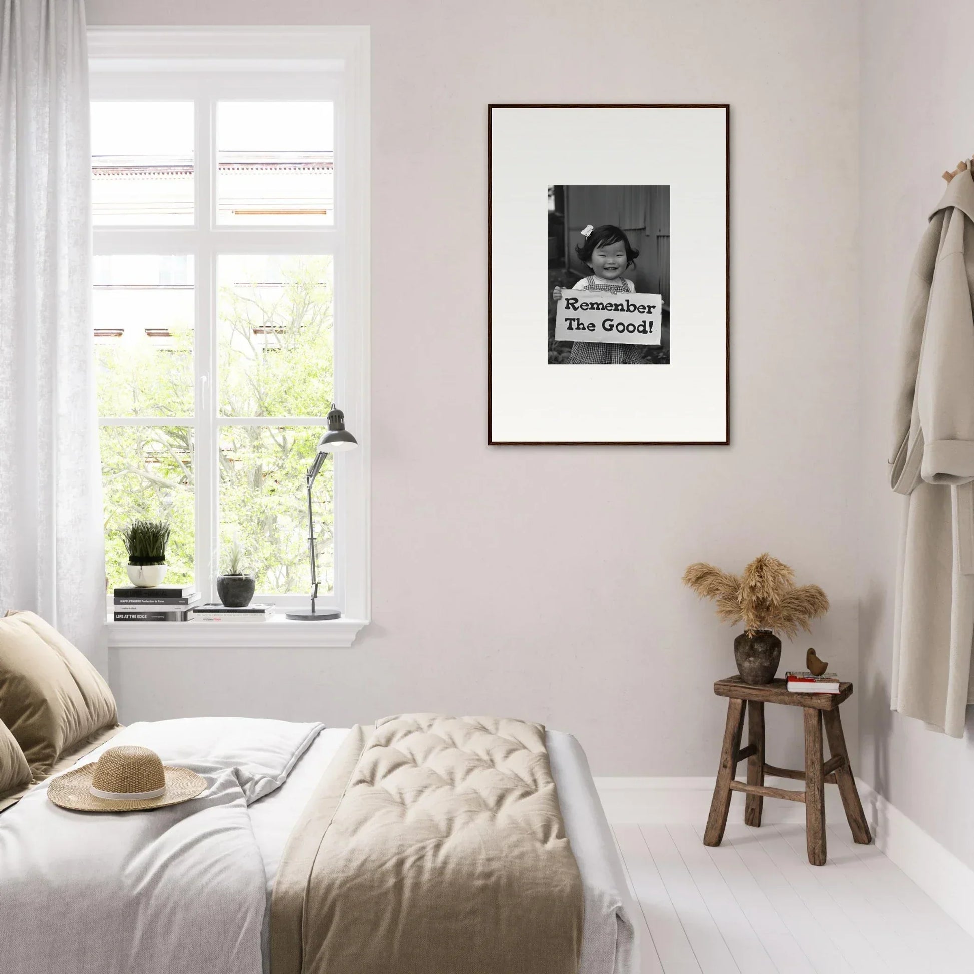 Minimalist bedroom in neutral tones with Remember Joy Essence premium framed wall art