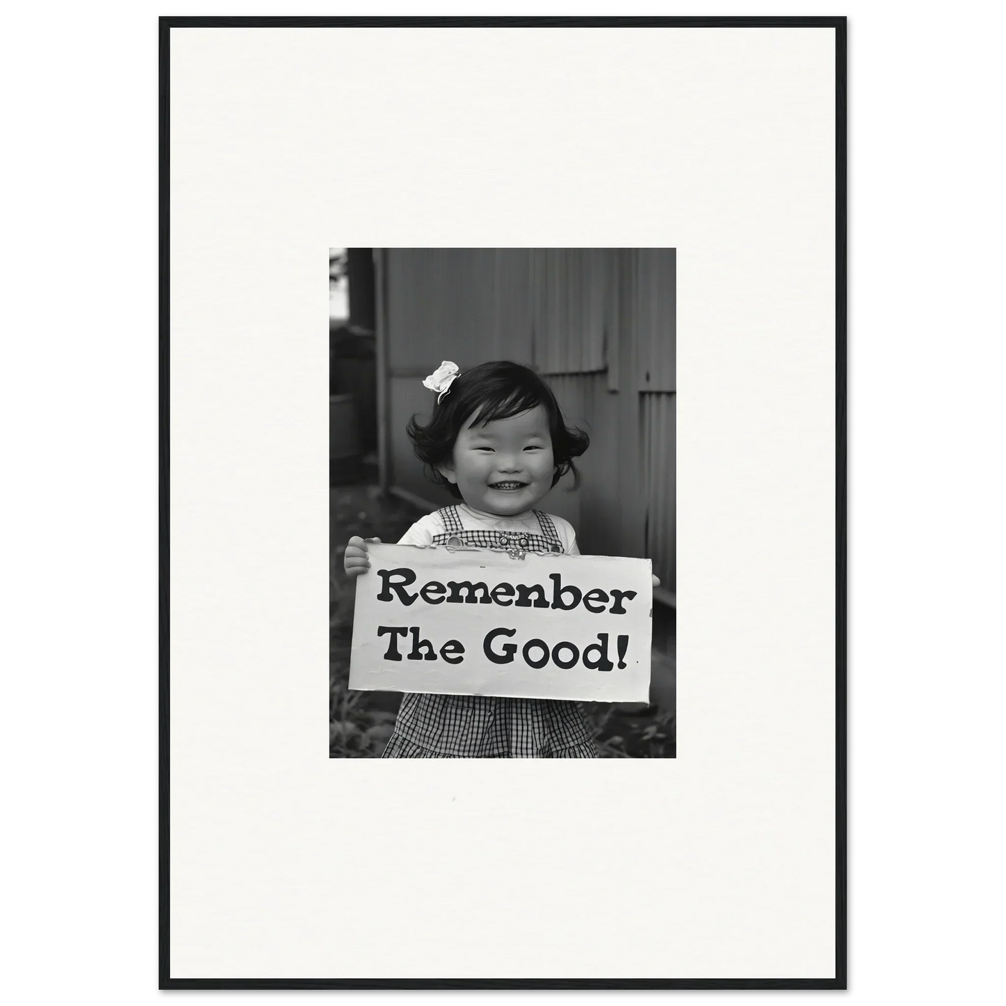 Black and white photo of a sign saying Remember The Good for Remember Joy Essence special edition art™