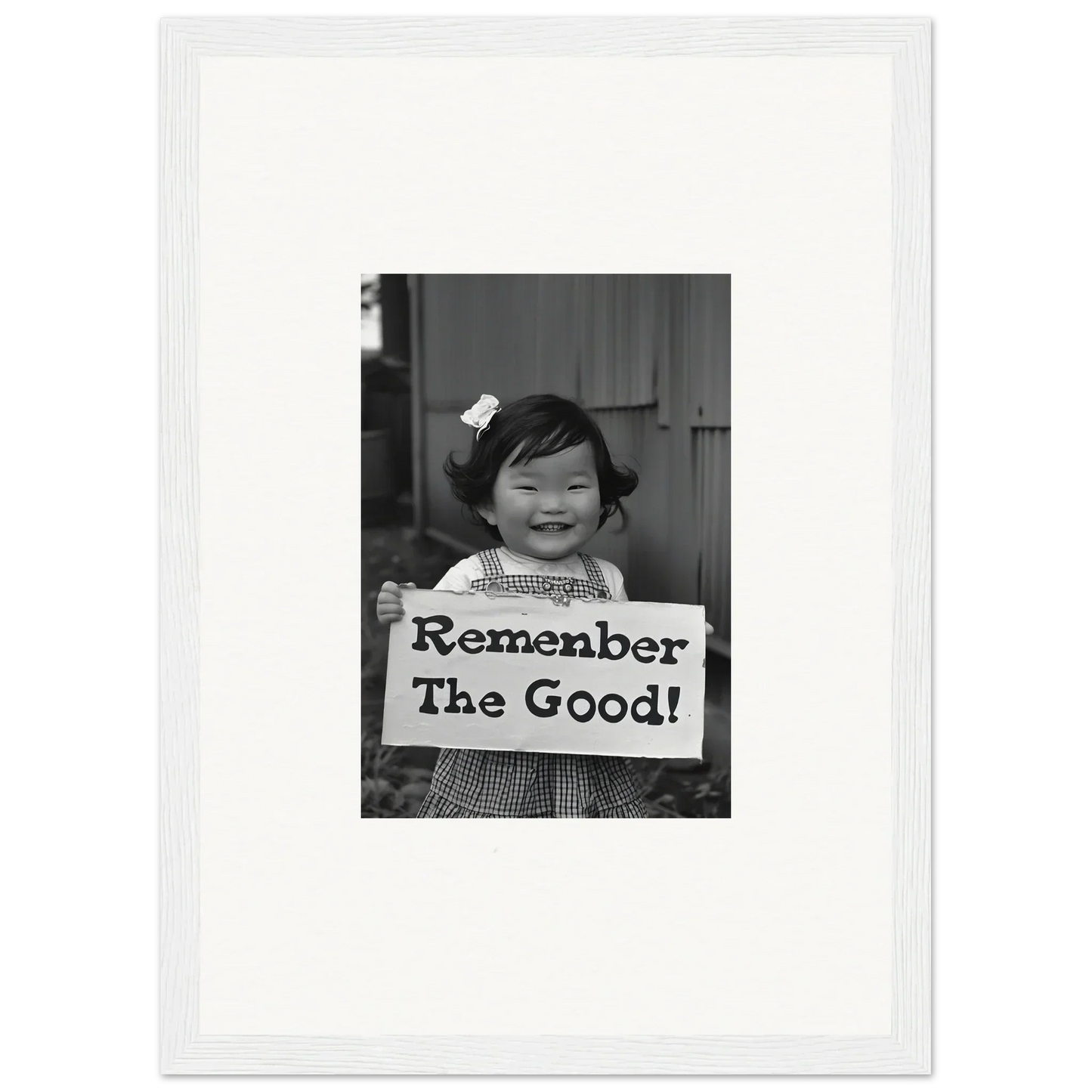 Black and white photo of a sign saying Remember The Good for Remember Joy Essence premium framed wall