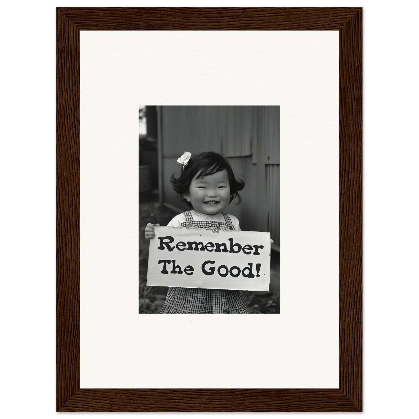 Framed black and white photo with Remember The Good sign for Remember Joy Essence