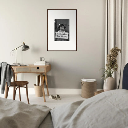 Minimalist bedroom workspace featuring Remember Joy Essence and a stylish wooden desk