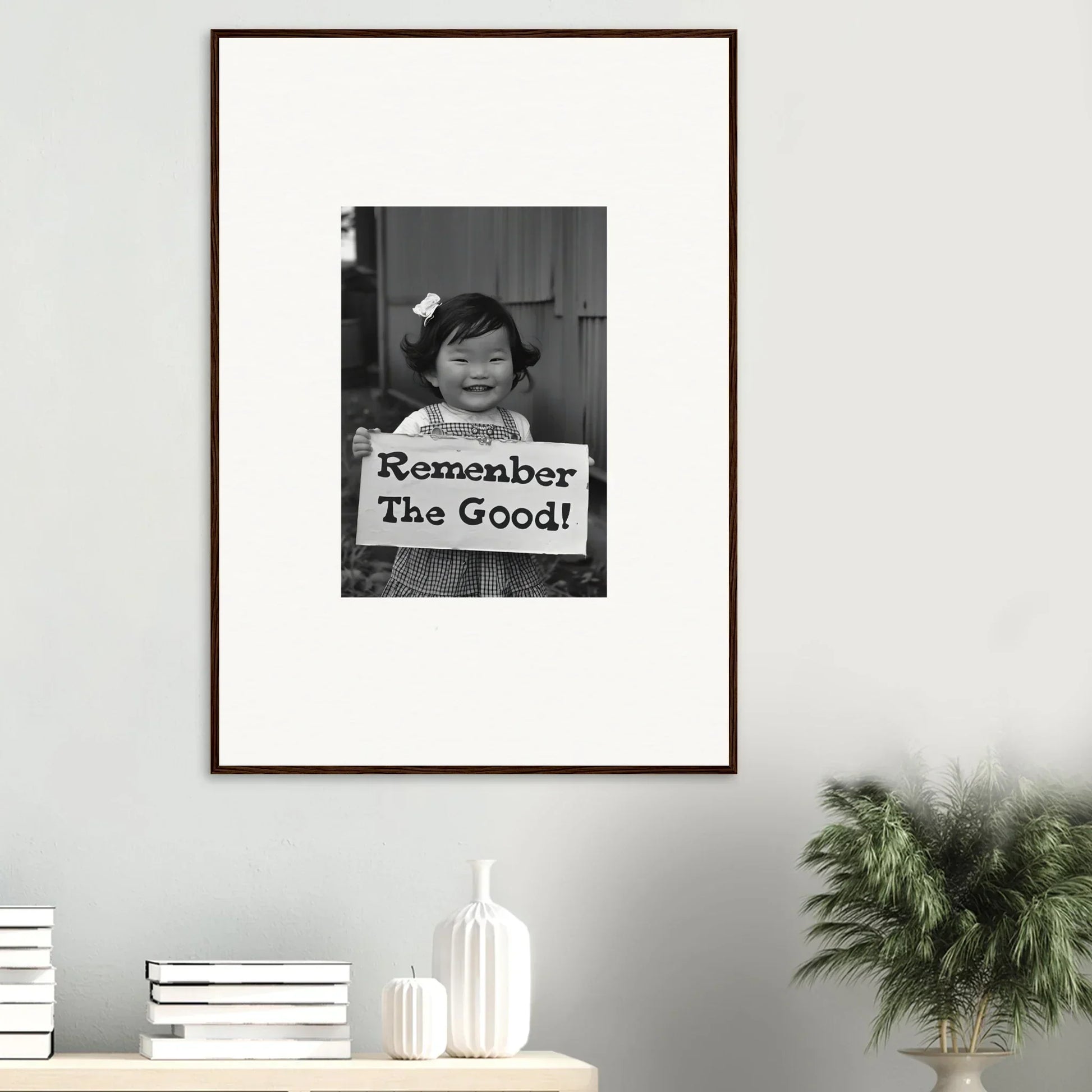 Framed black and white photo of a person holding a Remember The Good sign in Remember Joy Essence