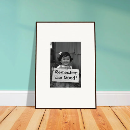 Framed black and white photo of Remember The Good sign, part of Remember Joy Essence