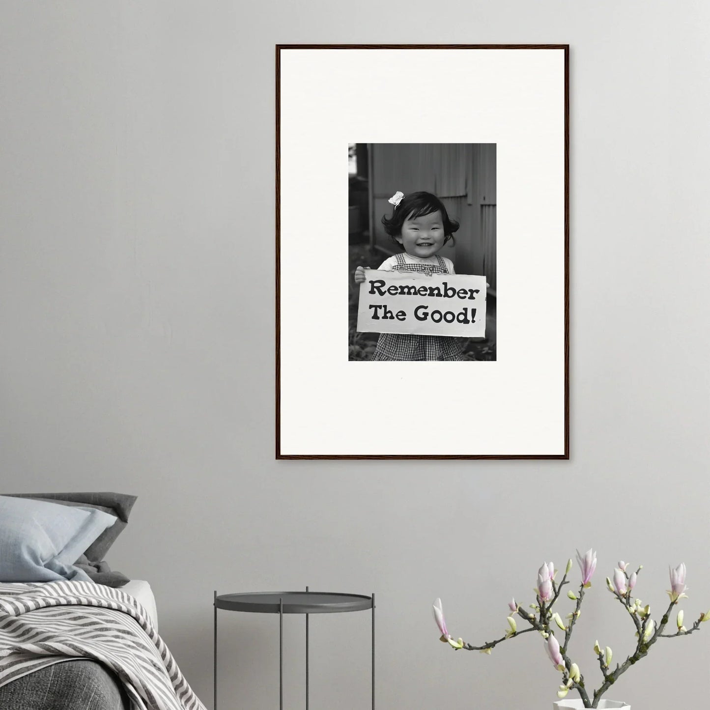 Framed black and white photo of Remember The Good sign from Remember Joy Essence special edition art™