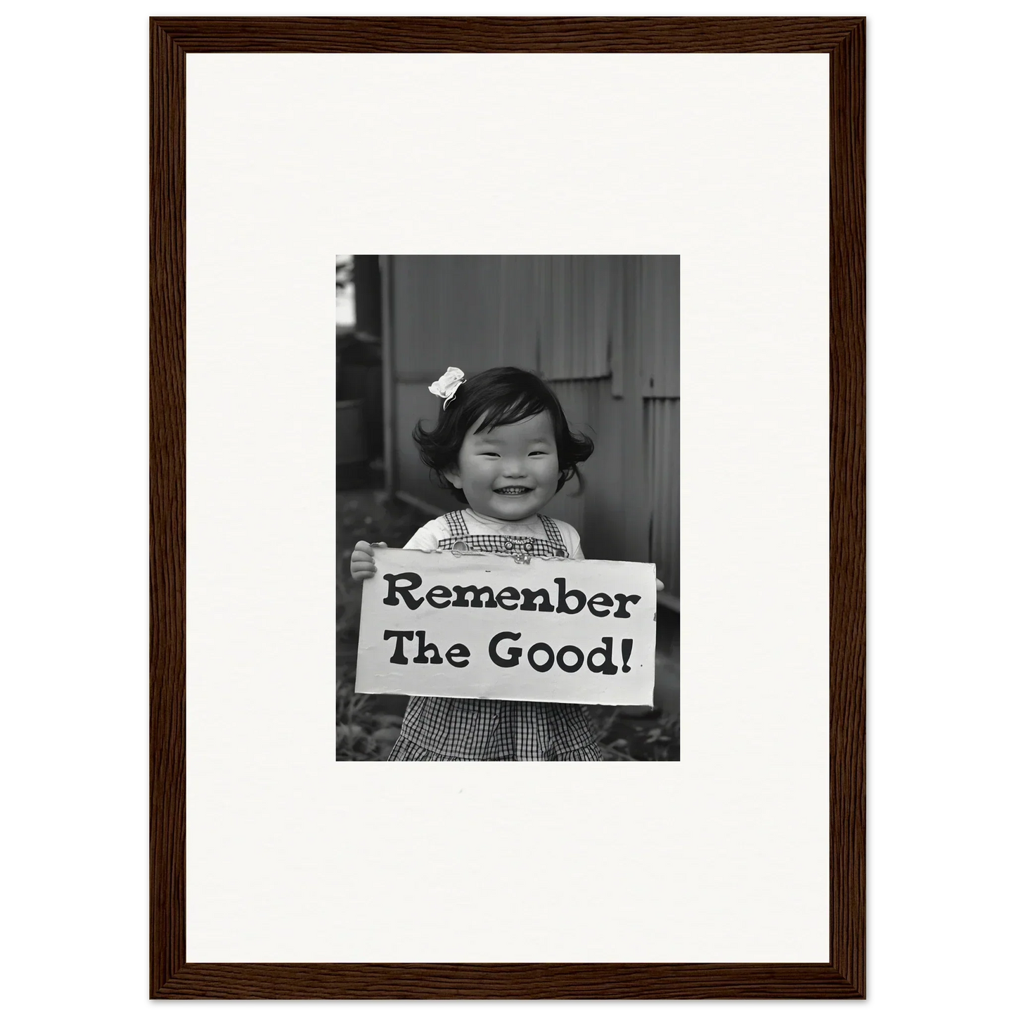 Framed black and white photo of child with Remember The Good sign in Remember Joy Essence