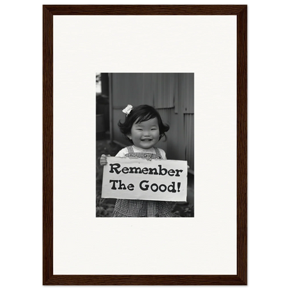 Framed black and white photo of child with Remember The Good sign in Remember Joy Essence