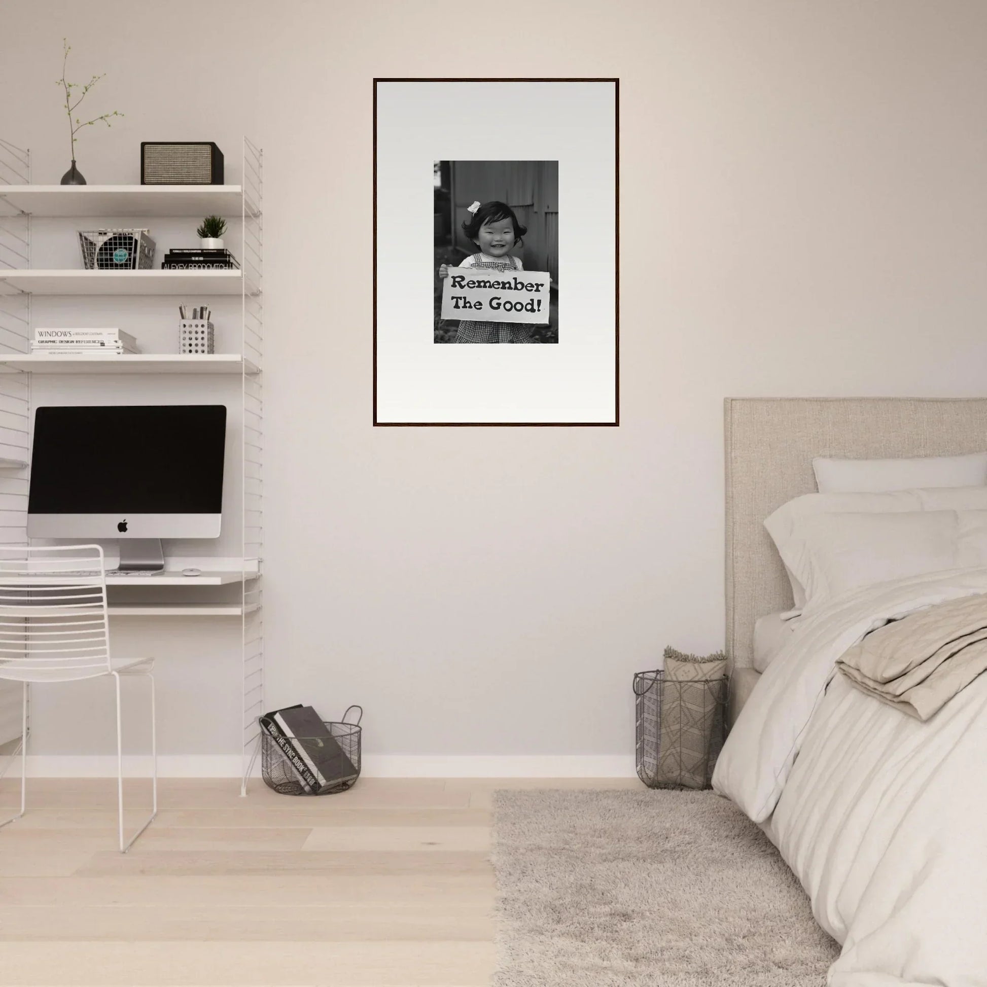 Minimalist bedroom workspace featuring Remember Joy Essence with premium framed wall art